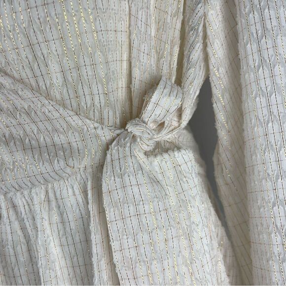 Calvin Klein V-Neck Long Sleeve Tier Ruffled Mini Dress Sz 4 white w gold lines - Picture 4 of 7